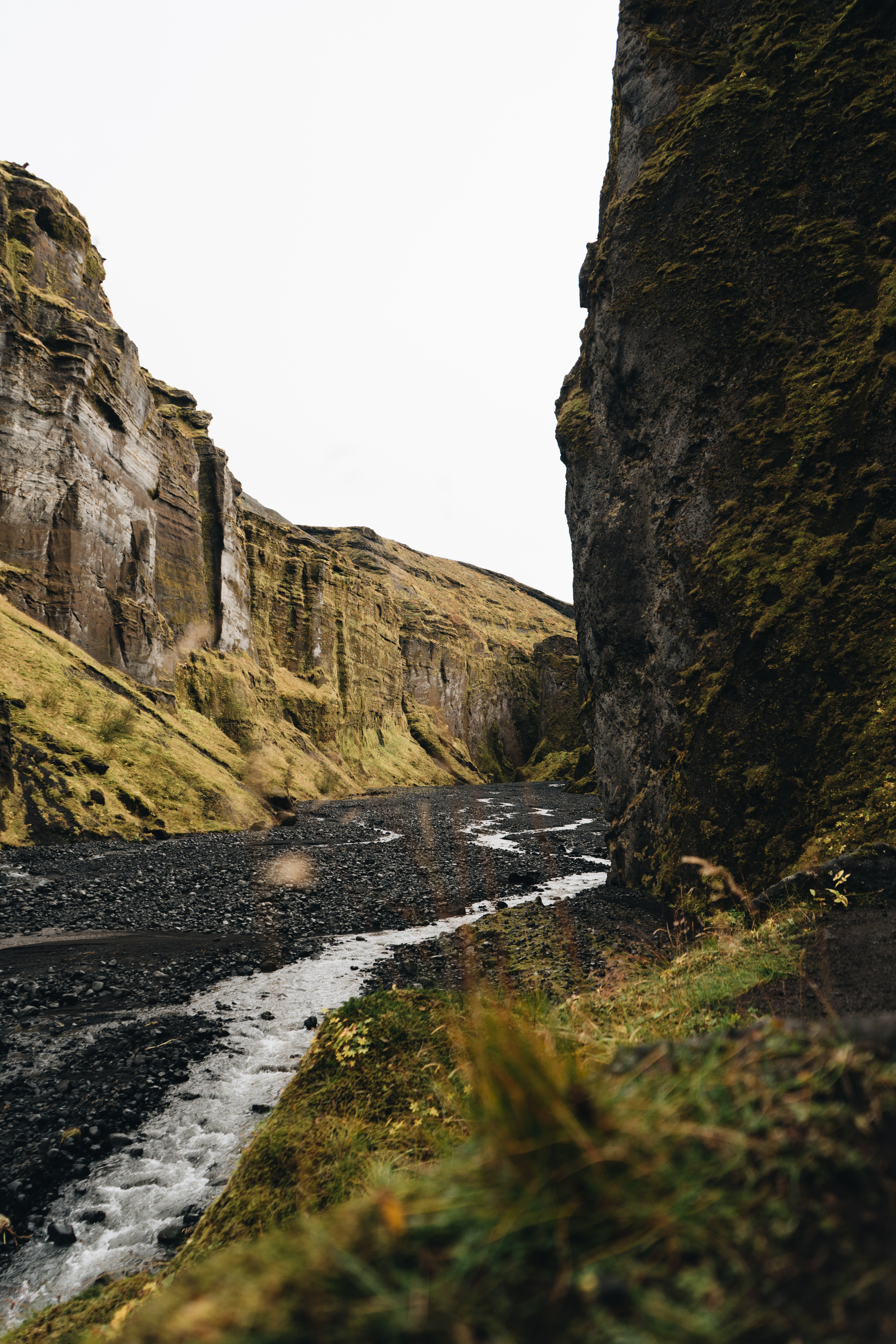Narrow canyon in Thórsmörk Iceland featuring towering rock walls, black sand riverbed, and flowing water, with moss and grass growing on steep cliffs