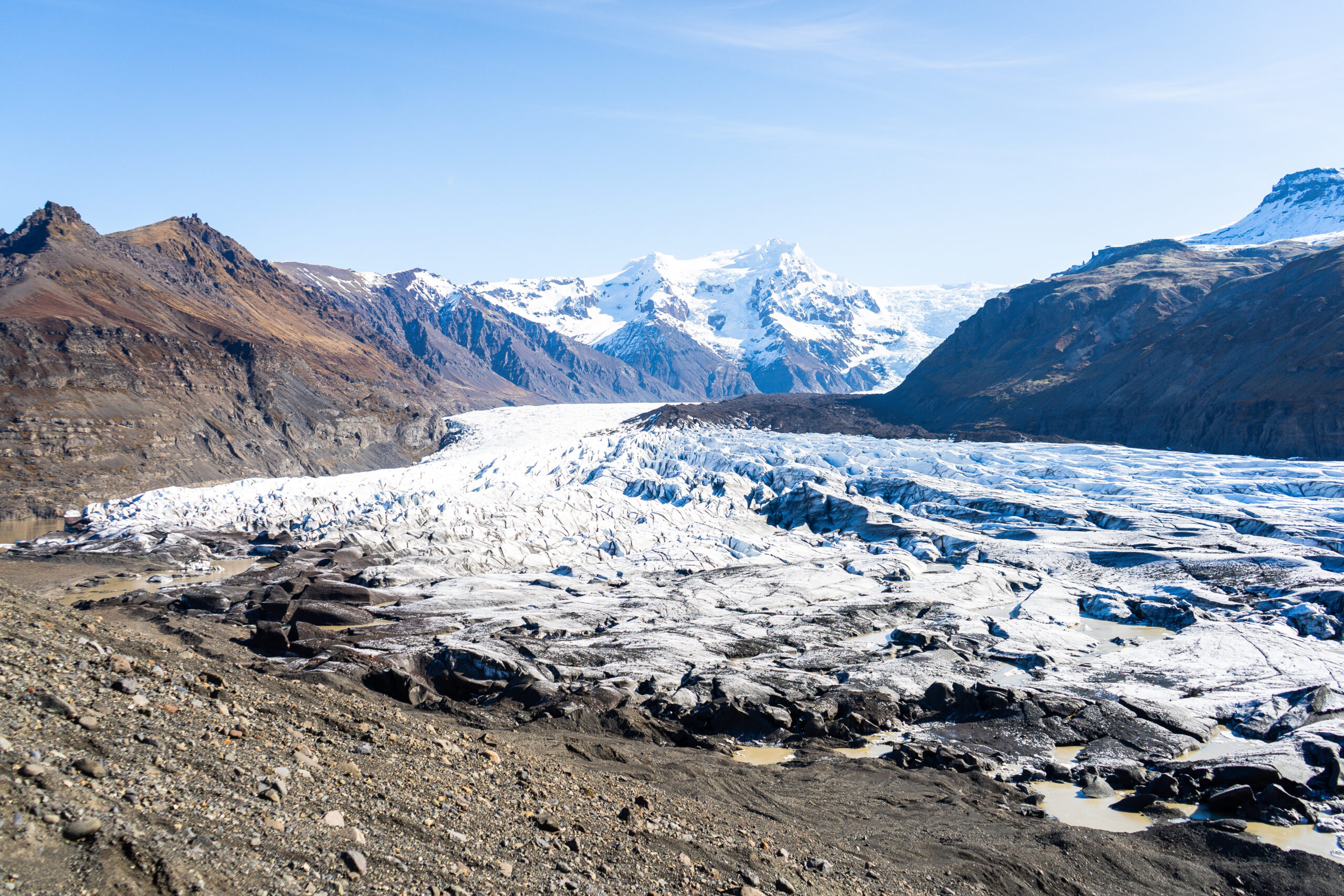 Expansive glacier surrounded by rugged brown and snow-capped mountains under a bright blue sky, showcasing the stark beauty of Icelandic landscapes